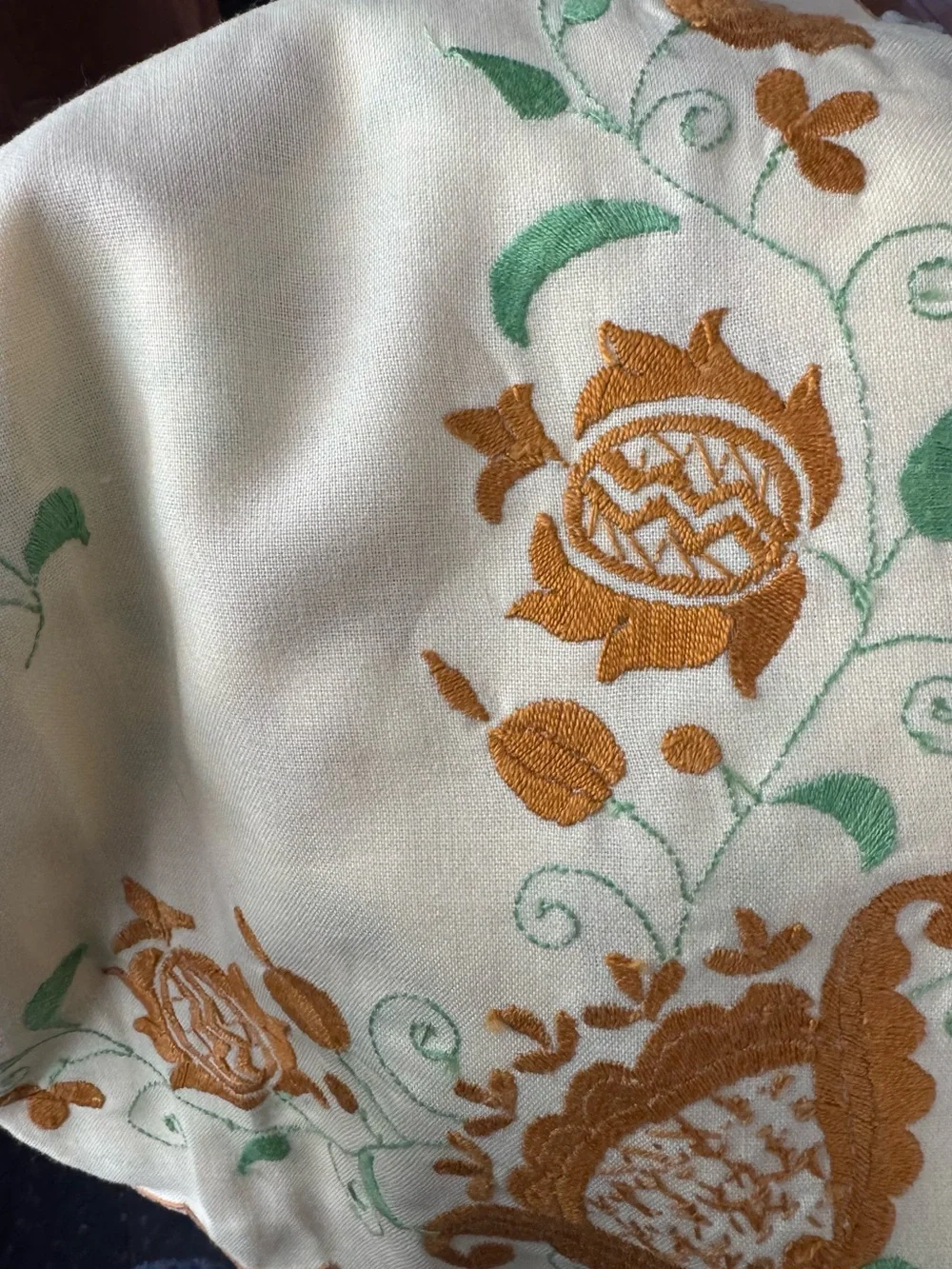 Vintage Floral Yellow gold & Green cotton tablecloth embroidered crewel large